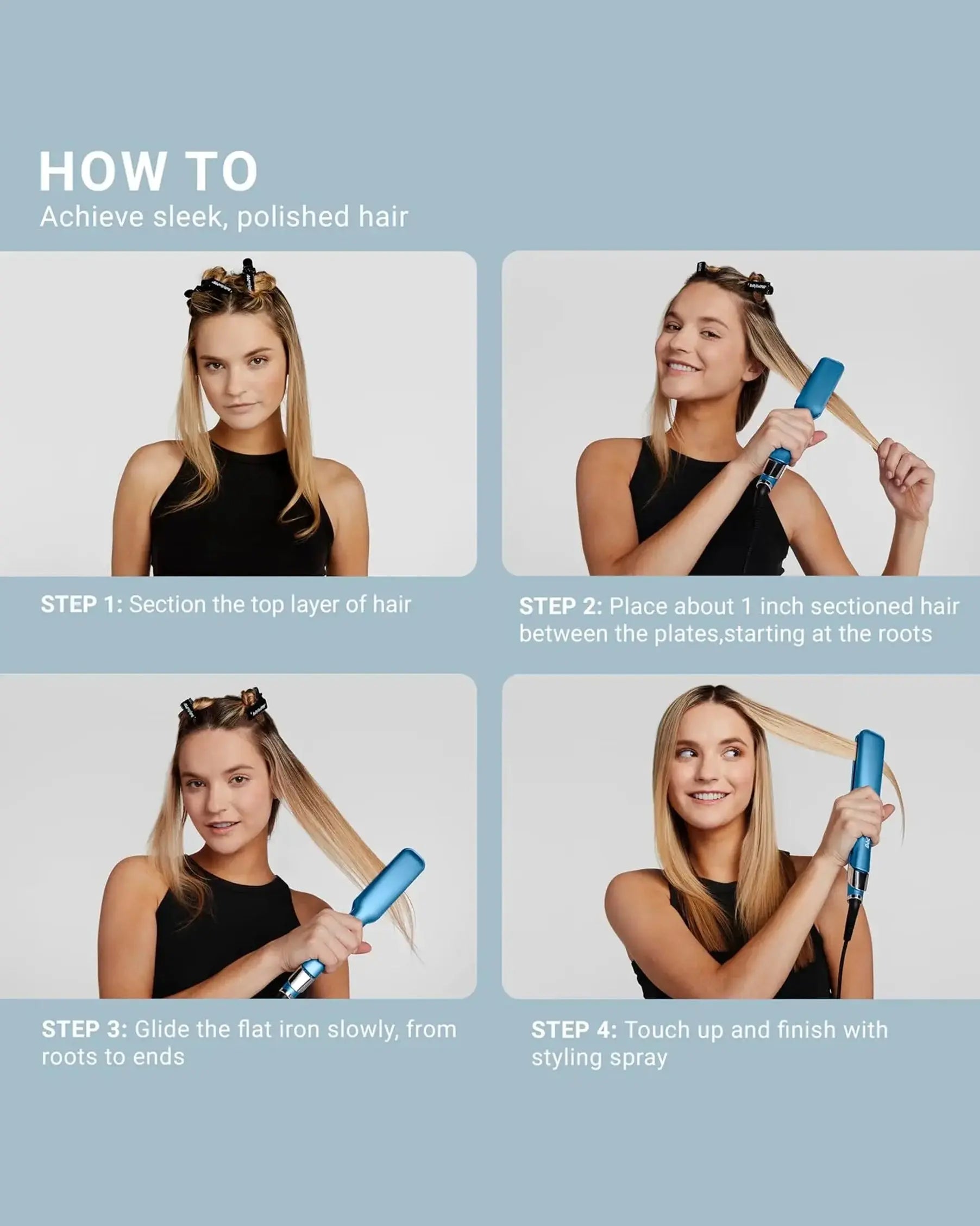 Step-by-step guide on achieving sleek, polished hair using a flat iron.