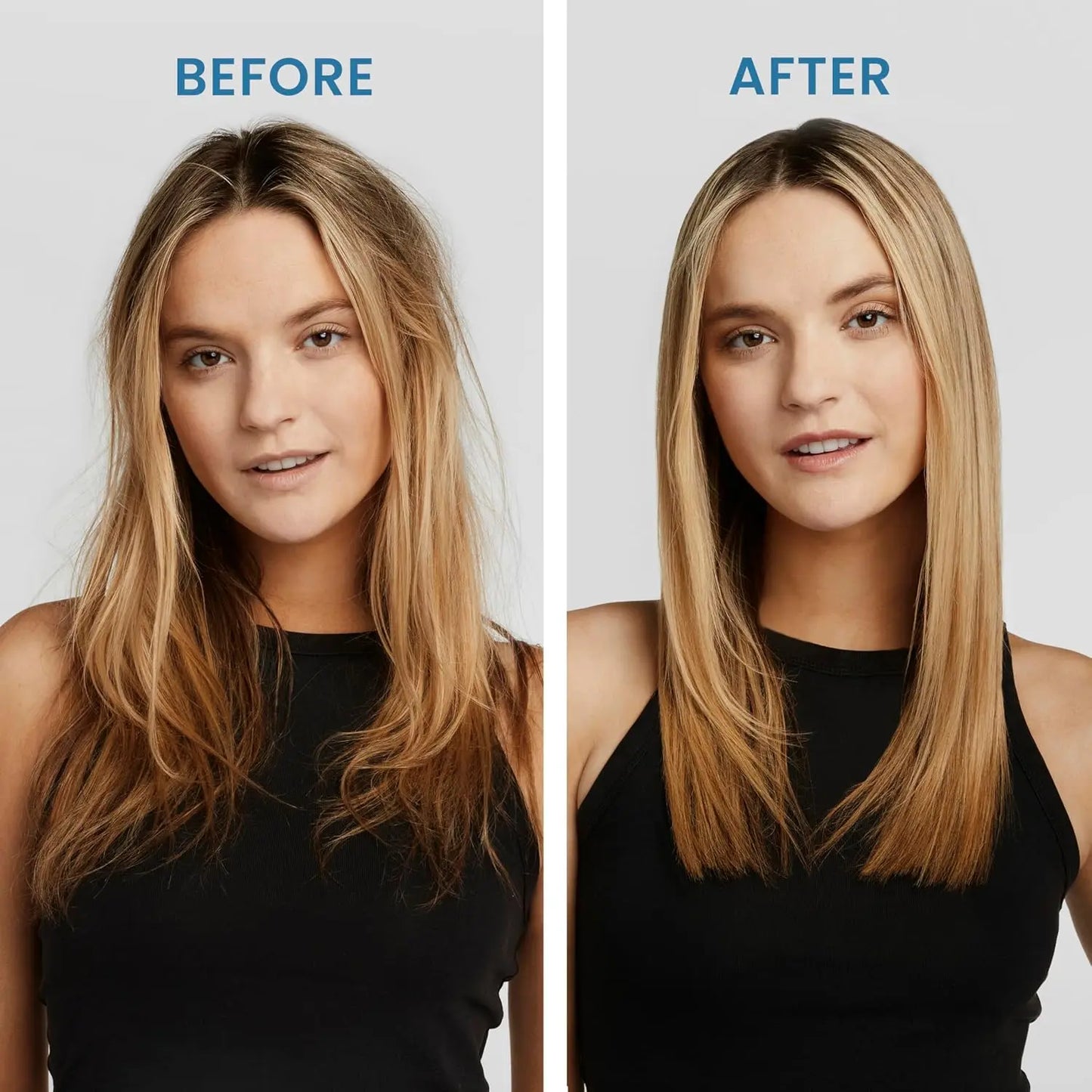 Before and after comparison of a woman with long and short hair on a plain background.