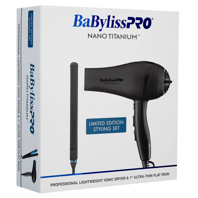 BaBylissPRO NANO TITANIUM LIGHT IONIC DRYER & ULTRA-THIN FLAT IRON SET MATTE BLACK BaByliss Pro