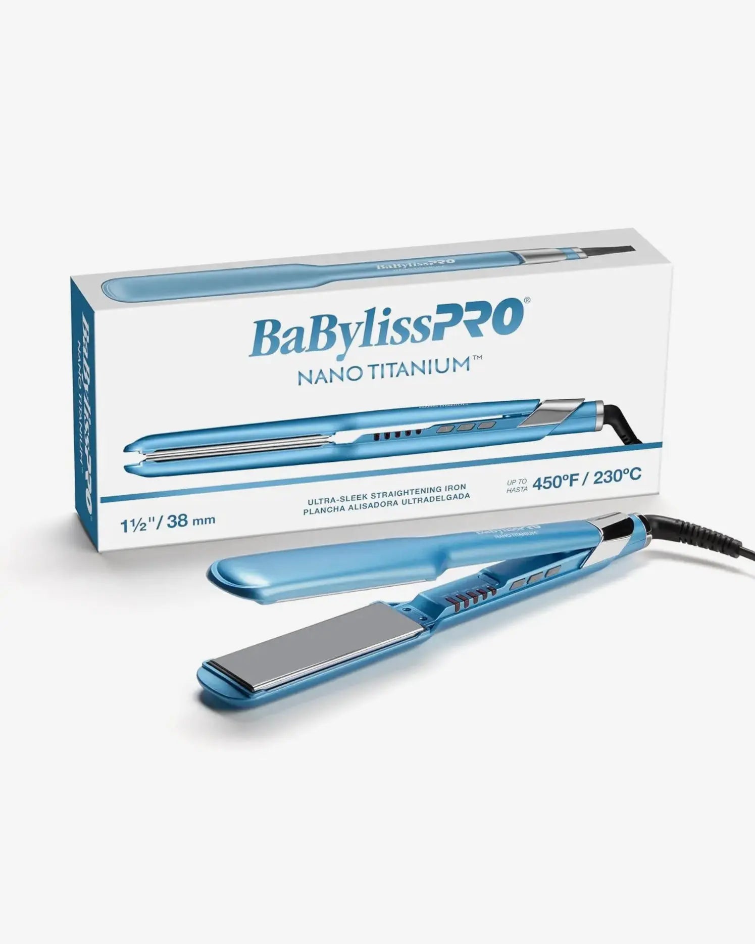 Blue hair straightener with BabylissPro packaging on a white background