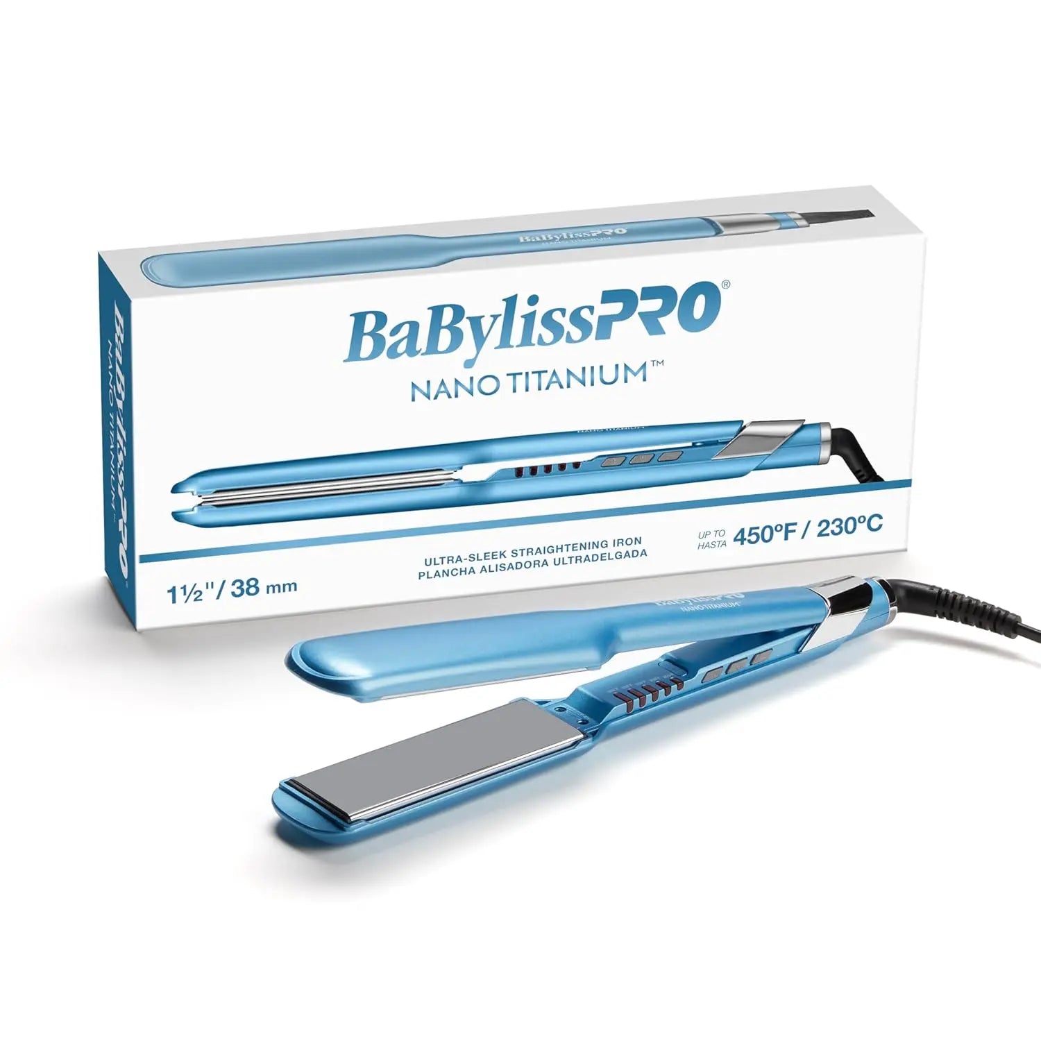 Blue hair straightener with BabylissPro packaging on a white background