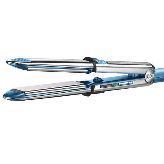 Blue and silver hair straightener on a light gray background