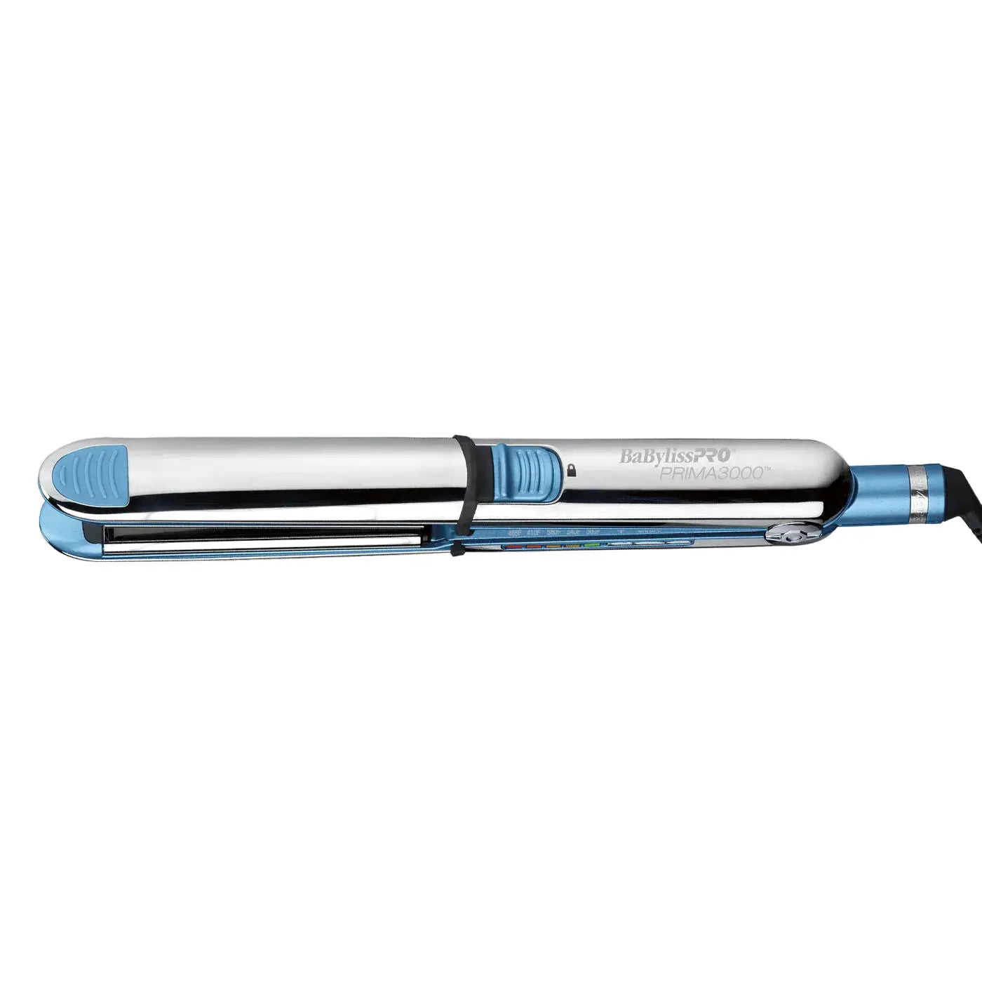 Silver and blue hair straightener on a white background