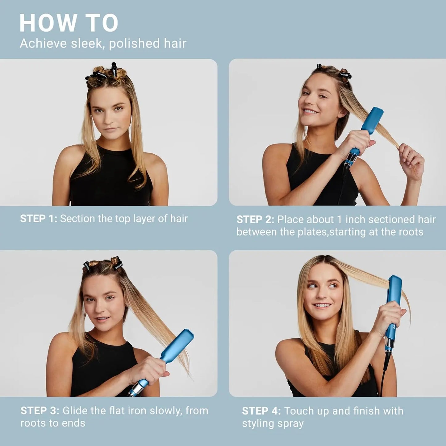 Step-by-step guide on achieving sleek, polished hair using a flat iron.