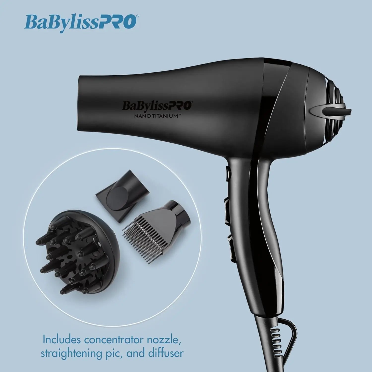 BaBylissPRO hair dryer with attachments on a light blue background