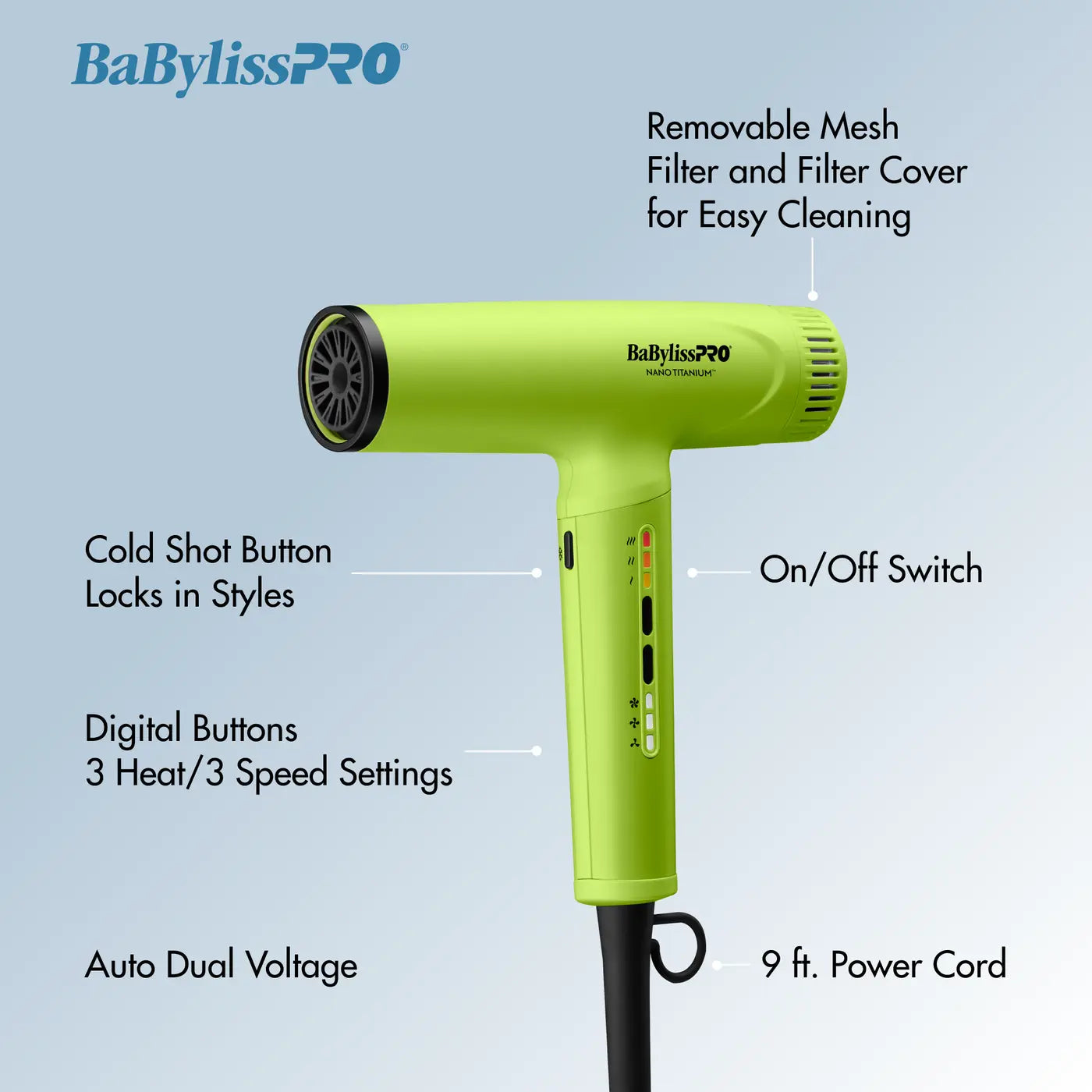 BaBylissPRO NANO TITANIUM NEON YELLOW LIGHT IONIC HIGH-SPEED DRYER BaBylissPro