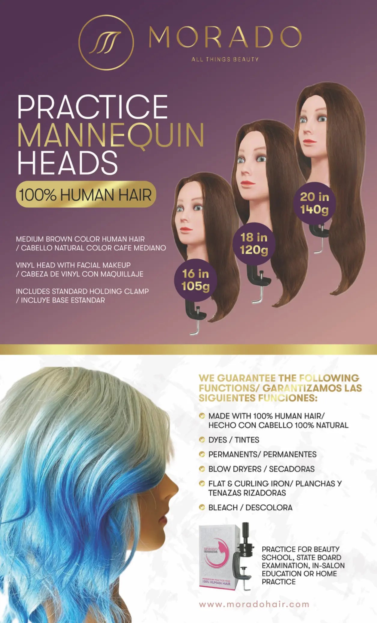 100% Human Hair Practice Mannequin Heads (Includes Clamp) Global Morado Inc.