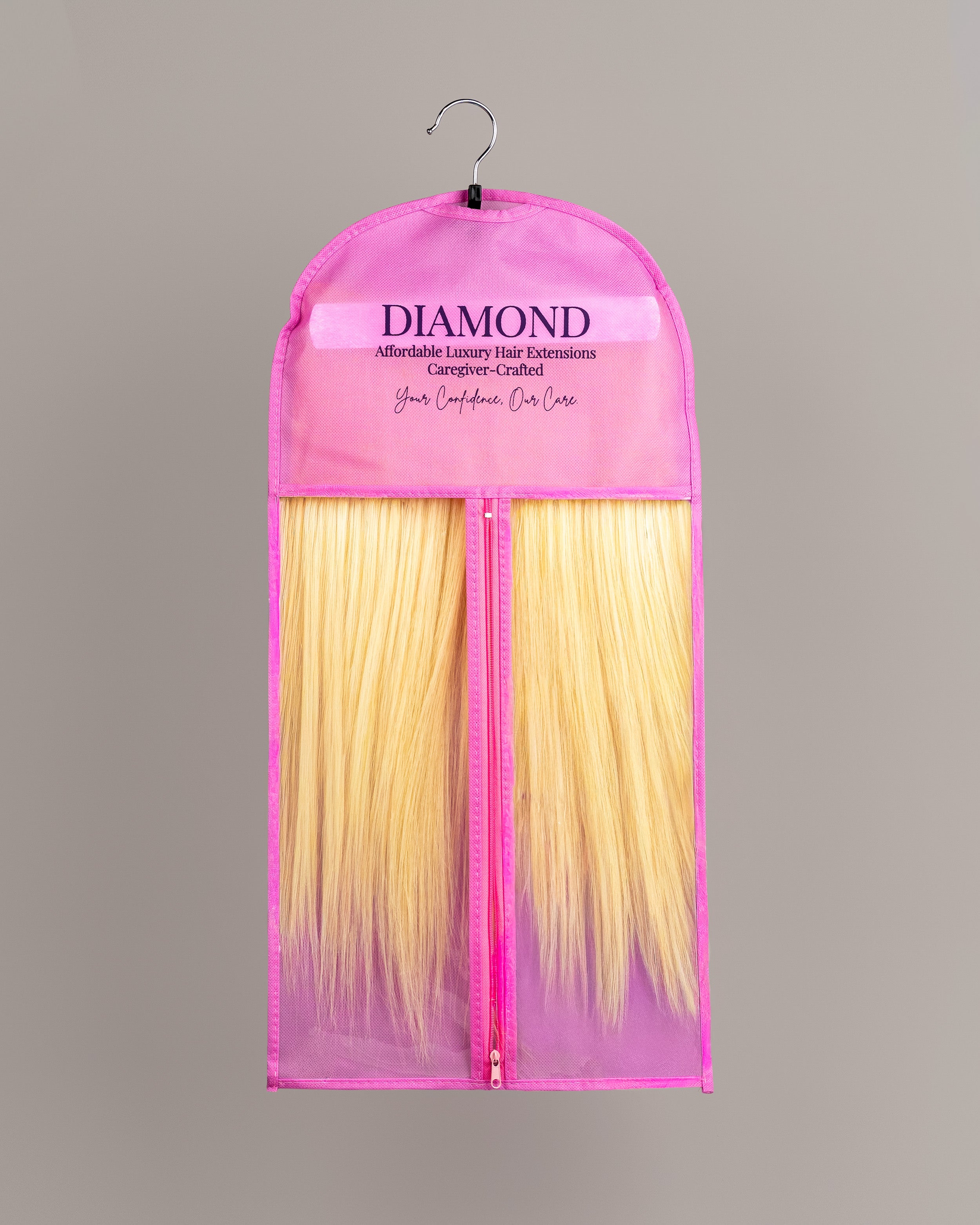 Diamond Hair Extension Carrier Bag with Hanger – Pink Storage Case with Wooden Hanger for Extensions & Wigs