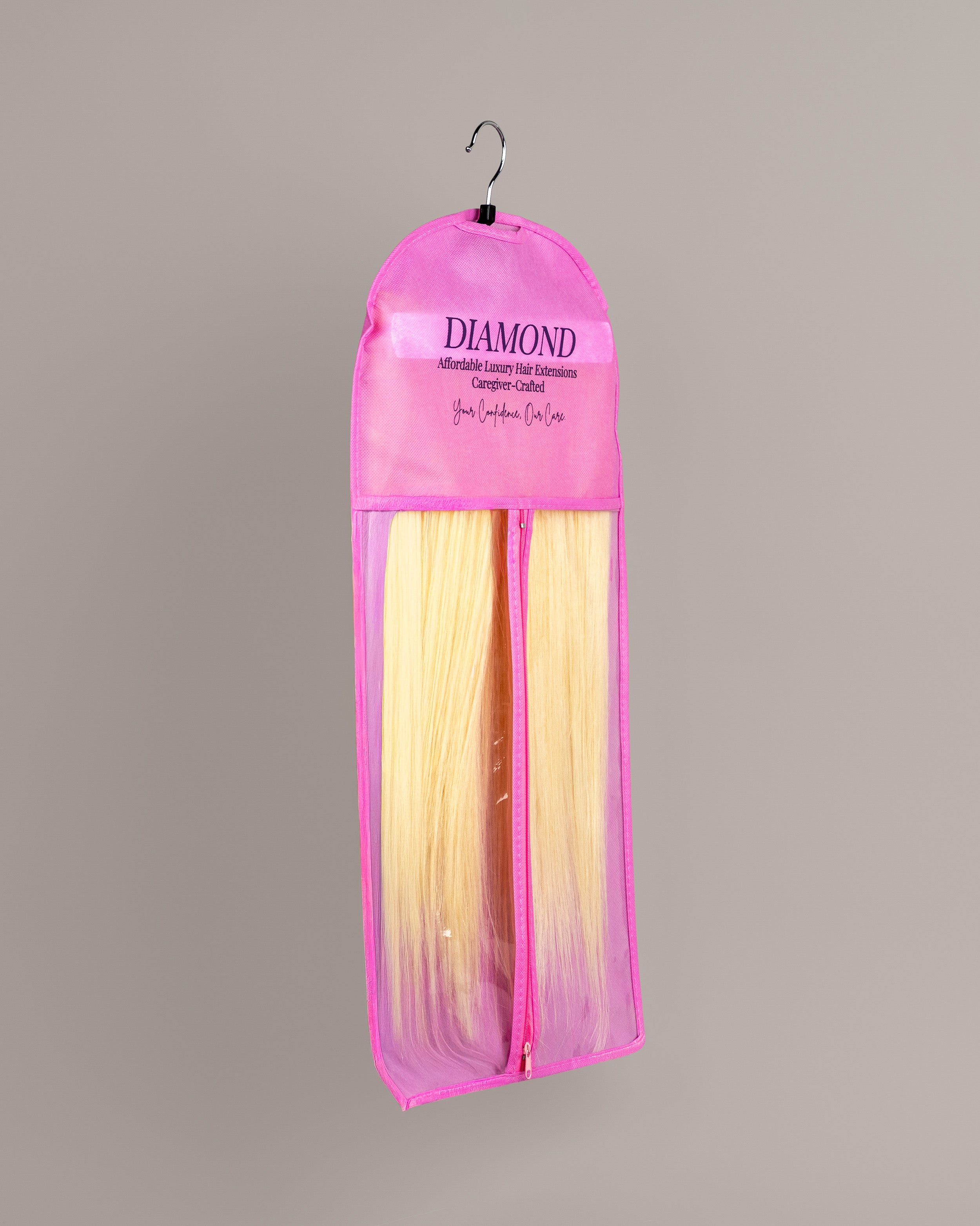 Diamond Hair Extension Carrier Bag with Hanger – Pink Storage Case with Wooden Hanger for Extensions & Wigs
