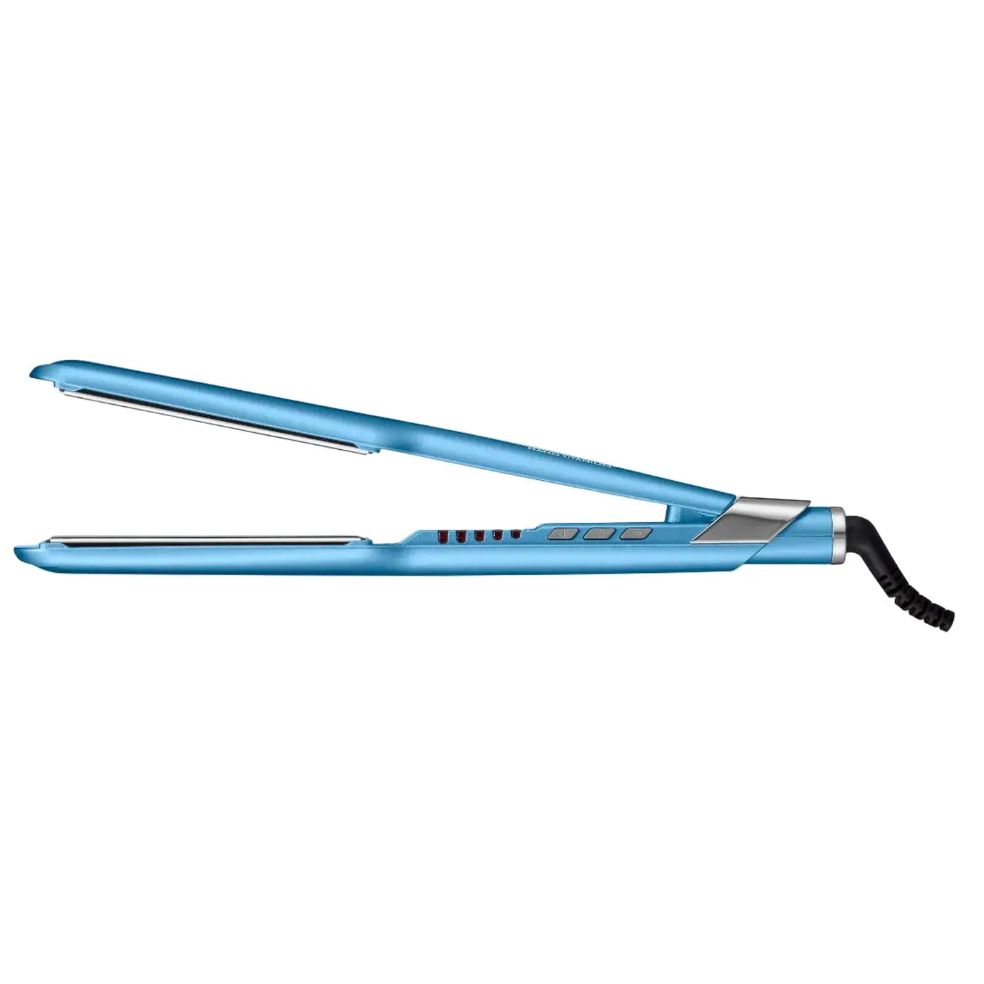 Blue hair straightener on a light gray background