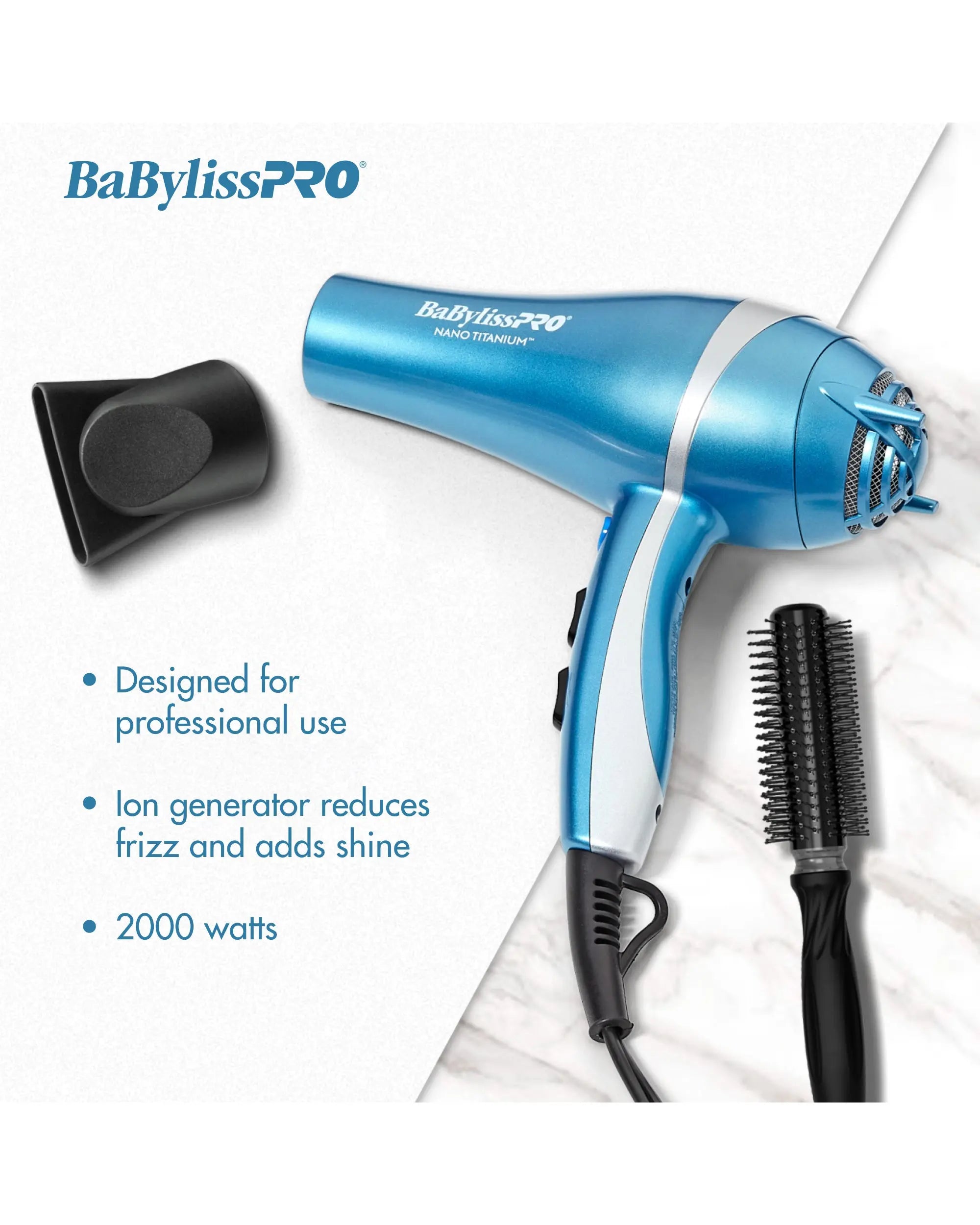BaBylissPRO Nano Titanium Professional Ionic Dryer – 2000W High-Power Hair Dryer with Ionic Technology