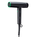 Black hair dryer with green accents on a white background