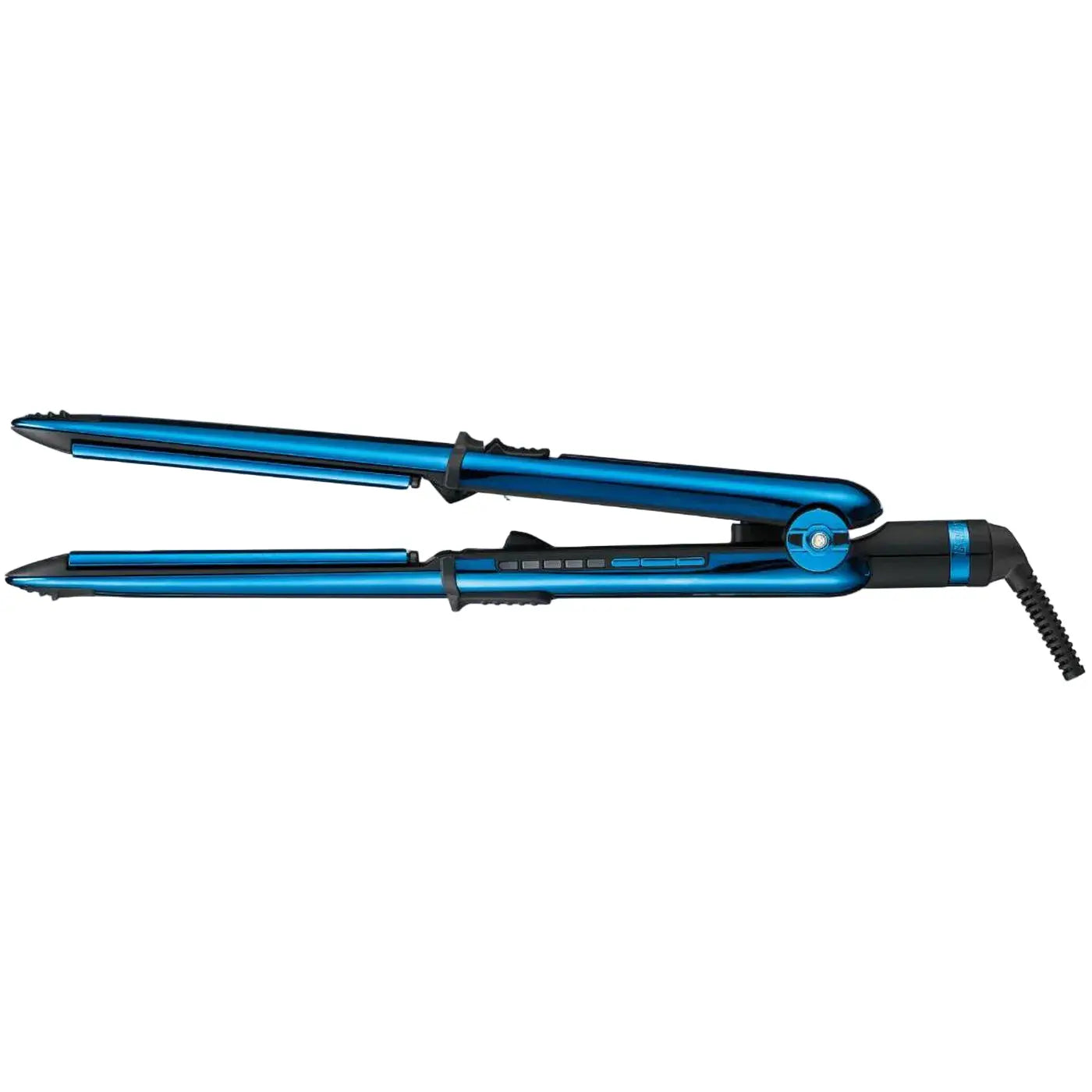 Blue hair straightener on a light gray background