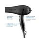 Black hair dryer with features labeled on a white background