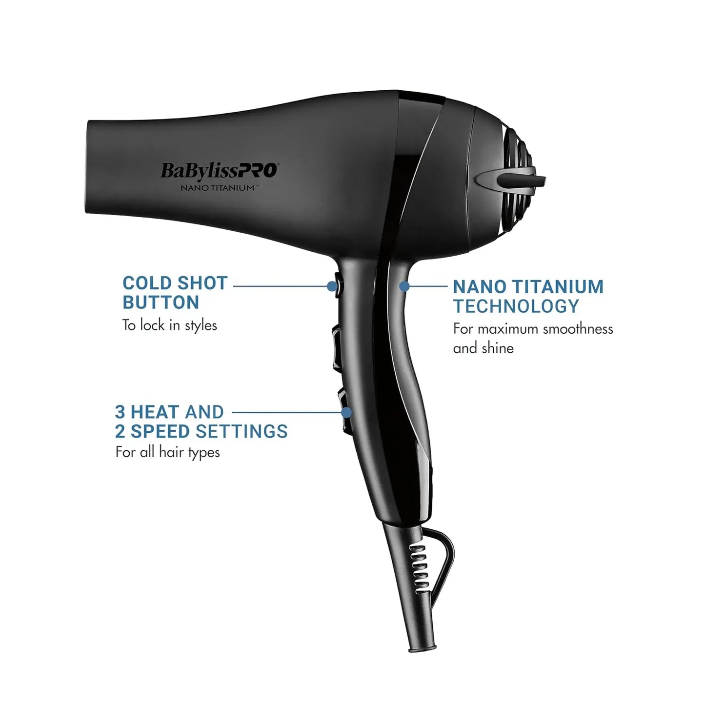 Black hair dryer with features labeled on a white background
