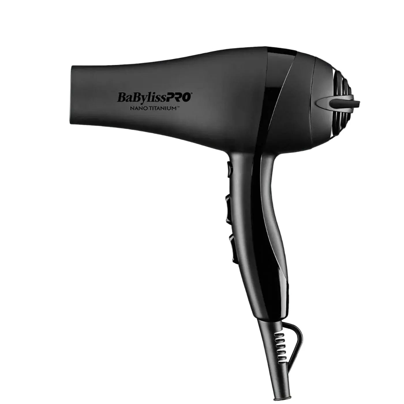 Black BabylissPro hair dryer on a light gray background