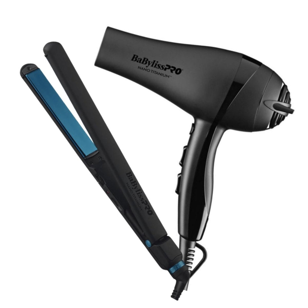 BaBylissPRO NANO TITANIUM LIGHT IONIC DRYER & ULTRA-THIN FLAT IRON SET MATTE BLACK BaByliss Pro