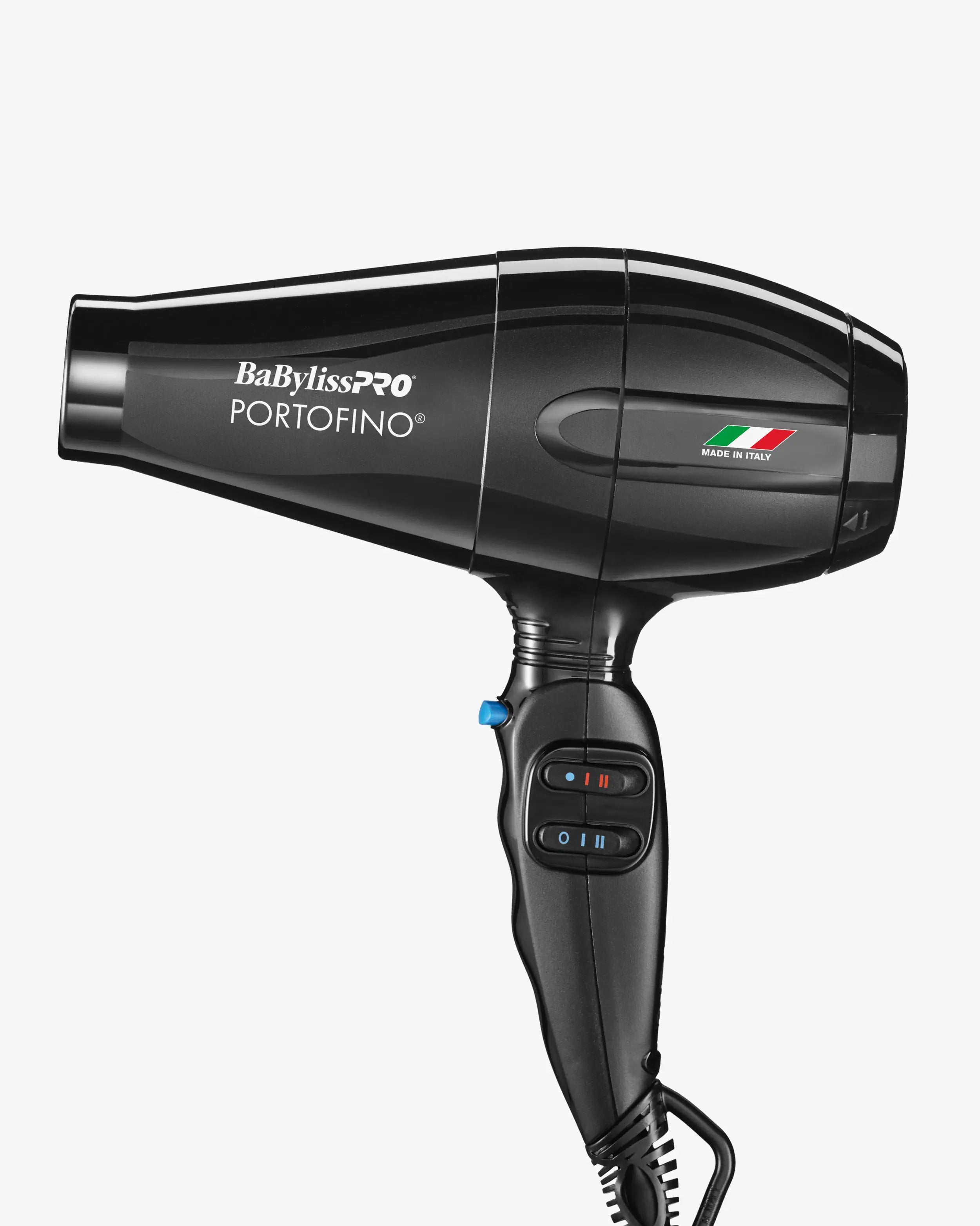 Black BaBylissPro Portofino hair dryer on a white background
