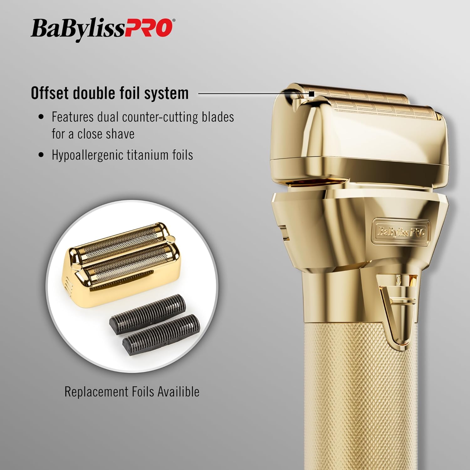 BaBylissPRO FXONE GOLDFX Double Foil Cordless Shaver – Professional Finishing Shaver with Interchangeable Battery