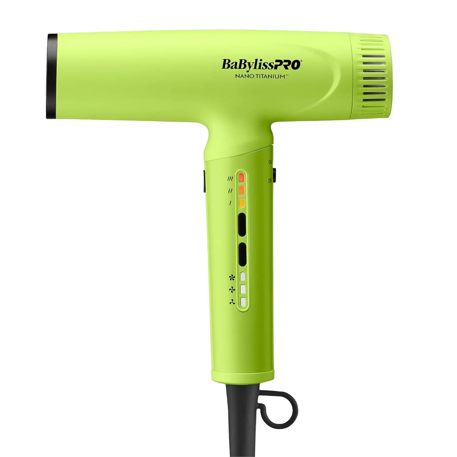 Green hair dryer with BabylissPro branding on a white background