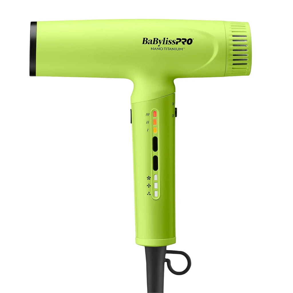 Green hair dryer with BabylissPro branding on a white background
