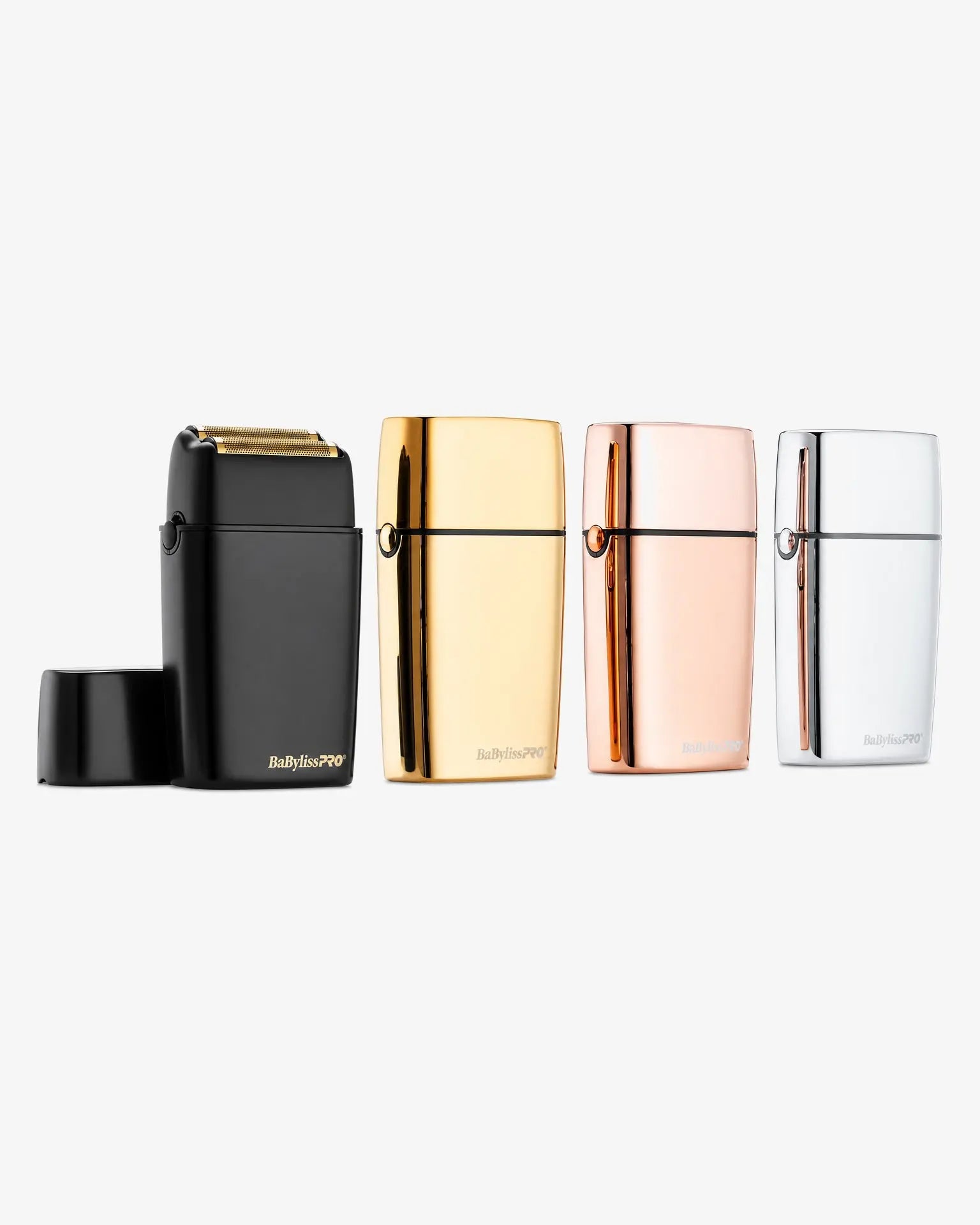BaBylissPRO double-foil shaver collection with black, gold, rose gold, and silver shavers on a white background.
