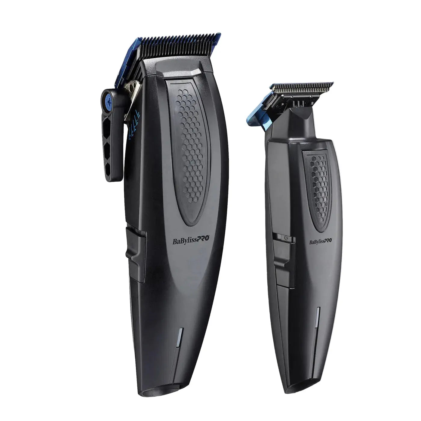 Two black hair clippers with visible brand logo on a light gray background