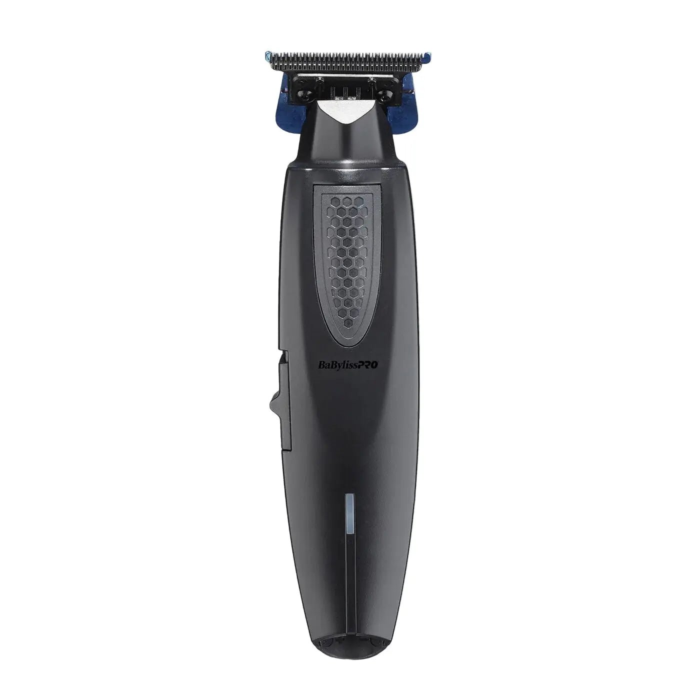 Black and blue hair trimmer on a light gray background