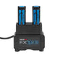 BaByliss Pro FX ONE battery charger with two blue batteries on a light gray background
