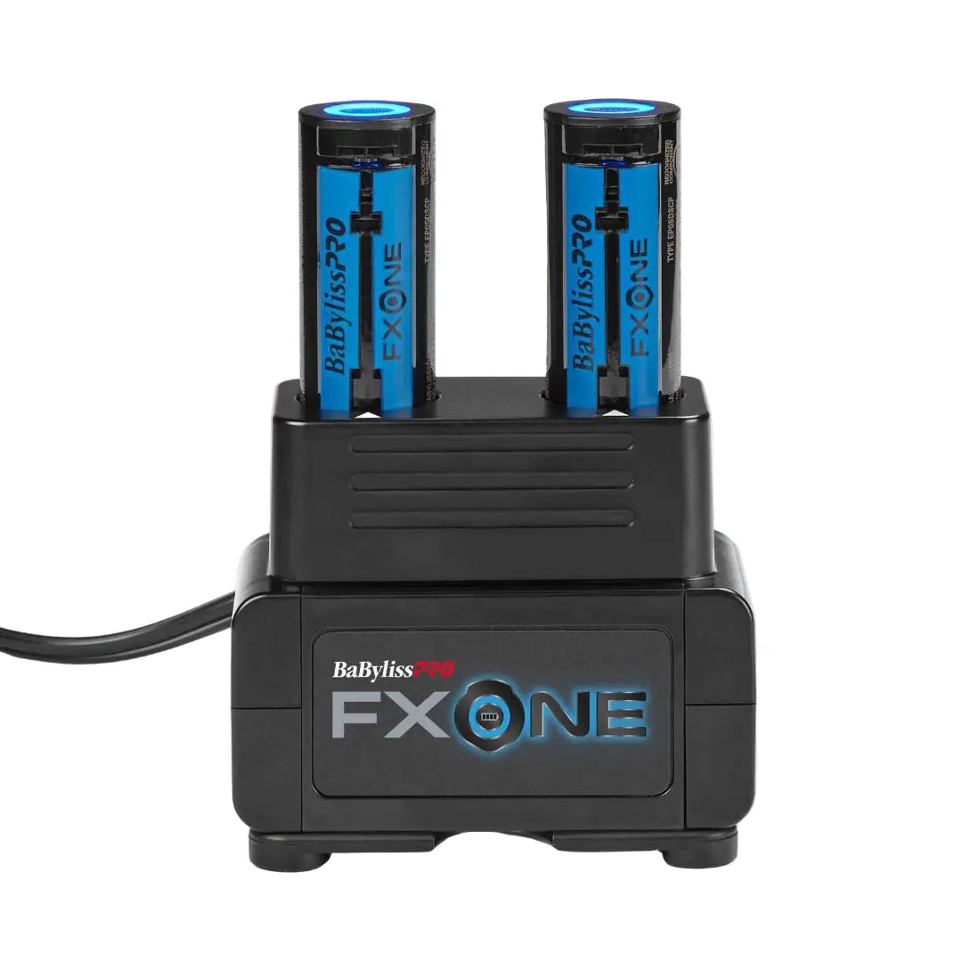 BaByliss Pro FX ONE battery charger with two blue batteries on a light gray background