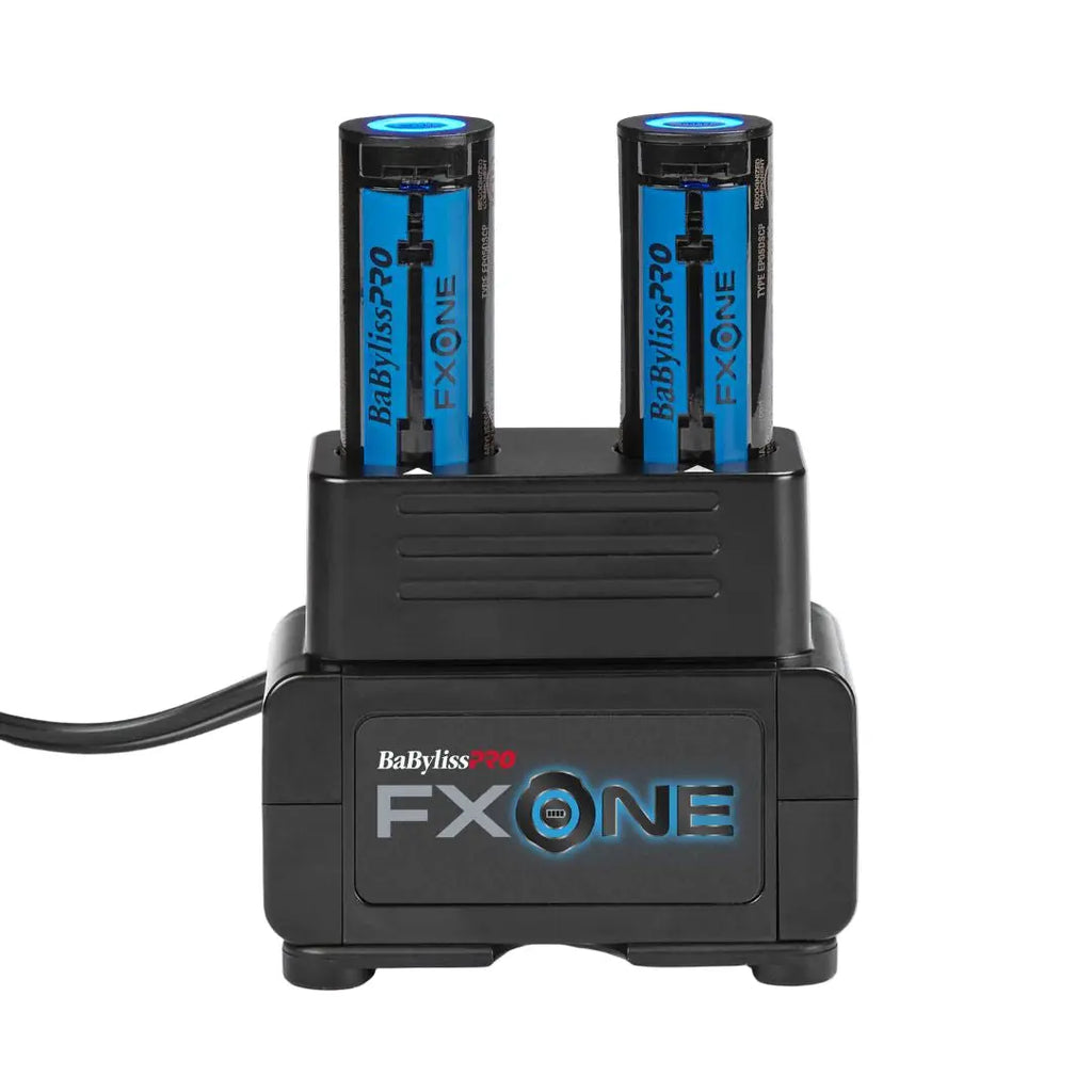 BaByliss Pro FX ONE battery charger with two blue batteries on a light gray background