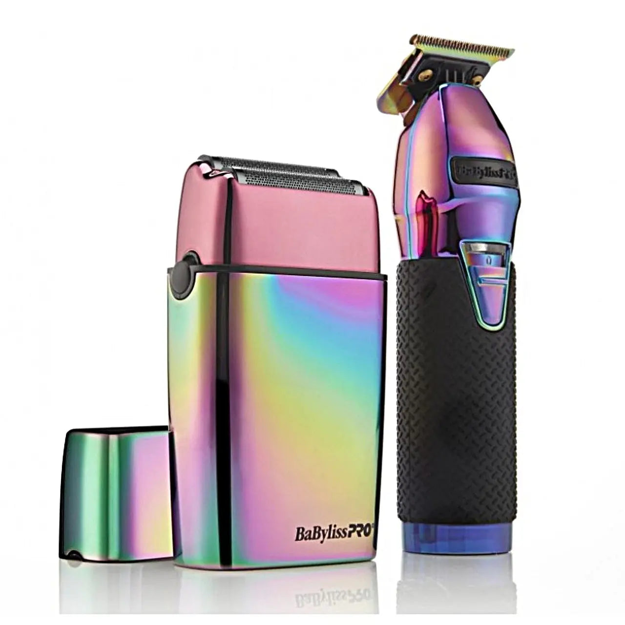 BaBylissPro hair trimmer and shaver set with rainbow and black design on a white background