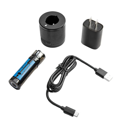 Collection of electronic components including a charging base, lithium battery, power adapter, and USB cable.