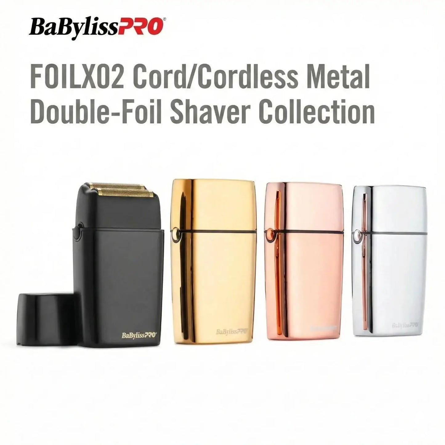 BaBylissPRO double-foil shaver collection with black, gold, rose gold, and silver shavers on a white background.