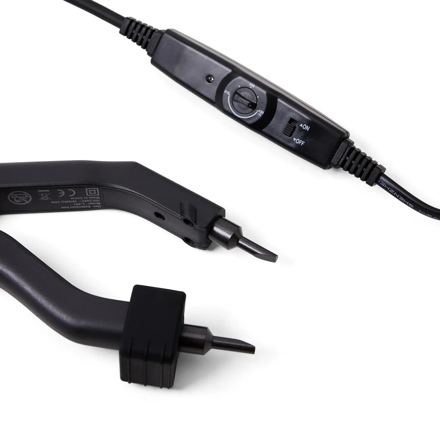 Black hair straightener with plug on a white background