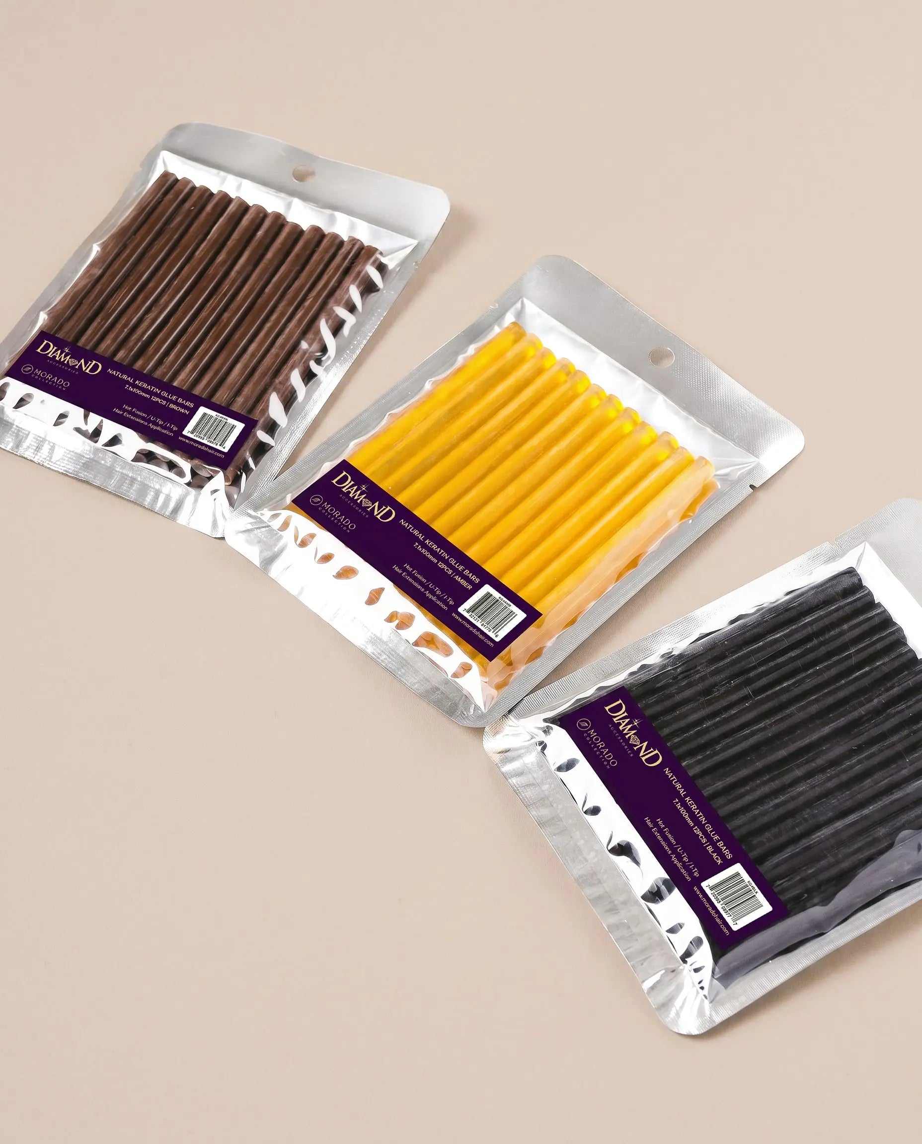 Diamond Natural Keratin Glue Bars (12 Pack) – Fusion Bonding Sticks for Hair Extensions, Amber/Black/Brown 