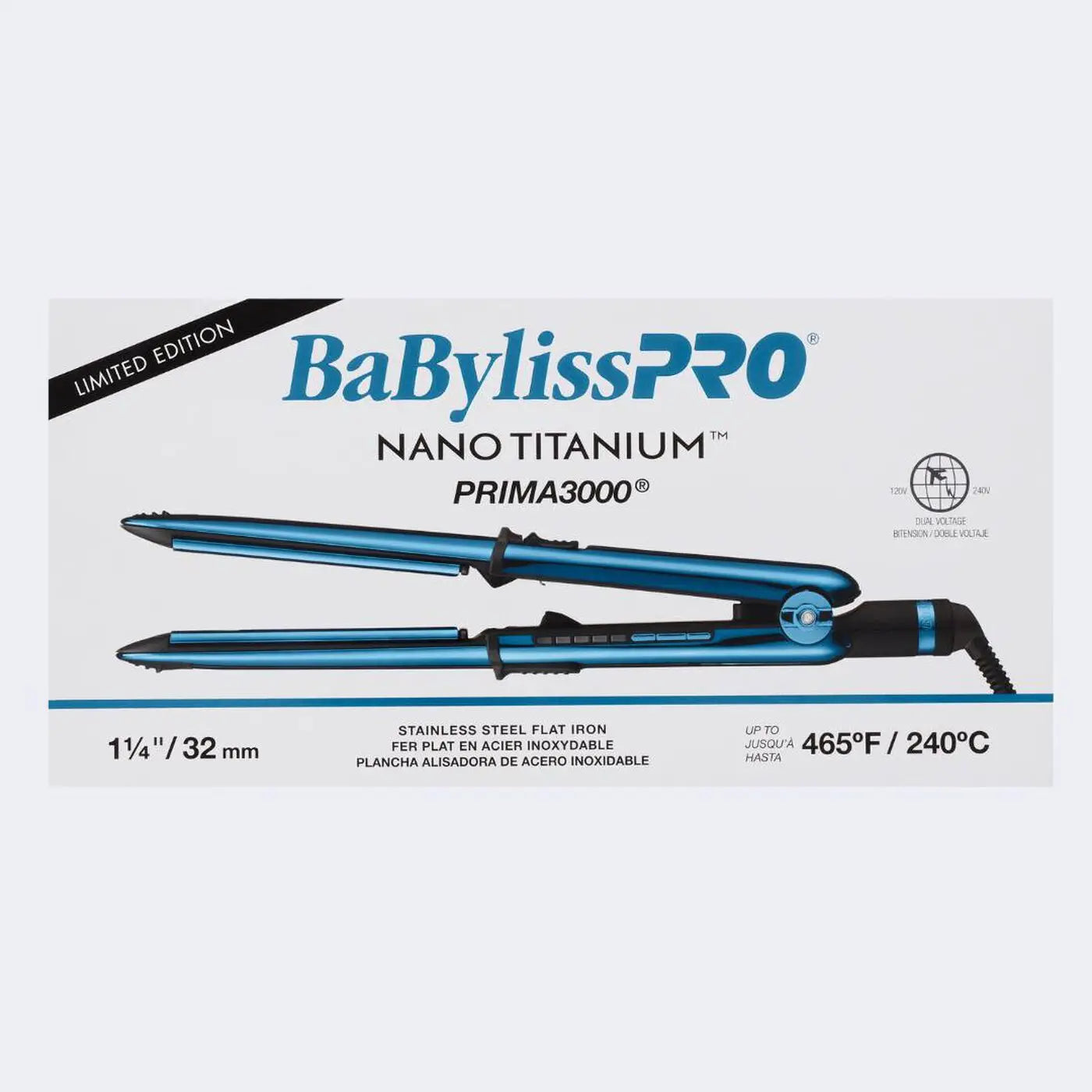 BaBylissPRO NANO TITANIUM LIMITED EDITION BLACK AND BLUE PRIMA3000 1¼" IONIC STYLING IRON BaBylissPRO